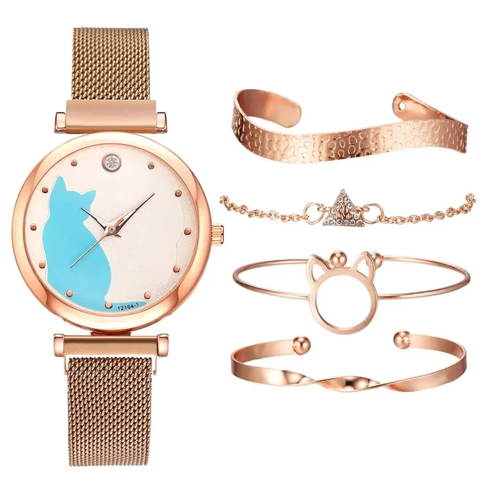 Direct Delivery 5 Pieces/Set Women Watches Rose Gold Bracelet Set Cat Pattern Magnet Black Watch Ladies Watches Quartz Clock