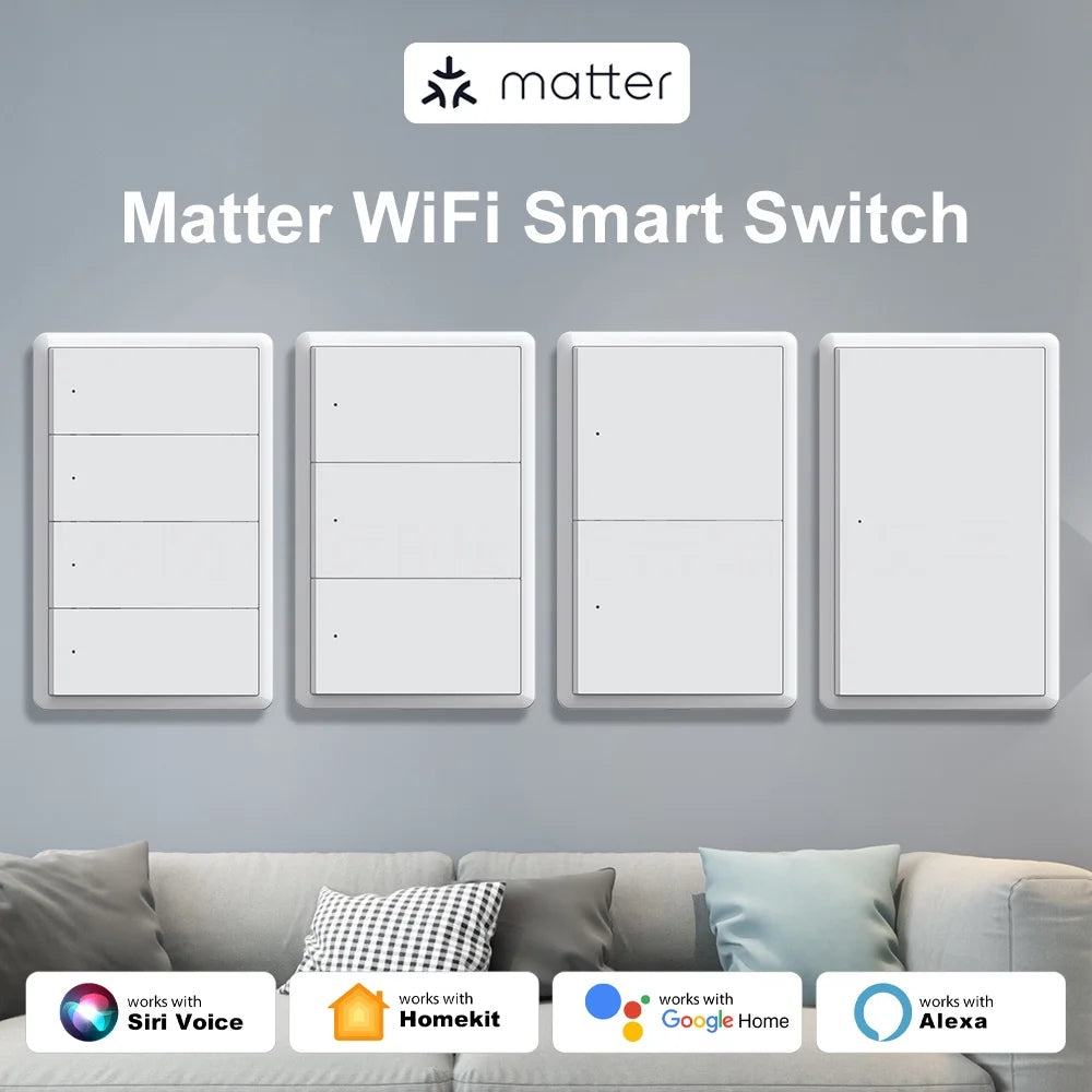 Manhot Matter WiFi Smart Wall Light Switch 1 2 3 4 Gangs with Neutral Wire Push  Physical Light Switches work with Homekit App