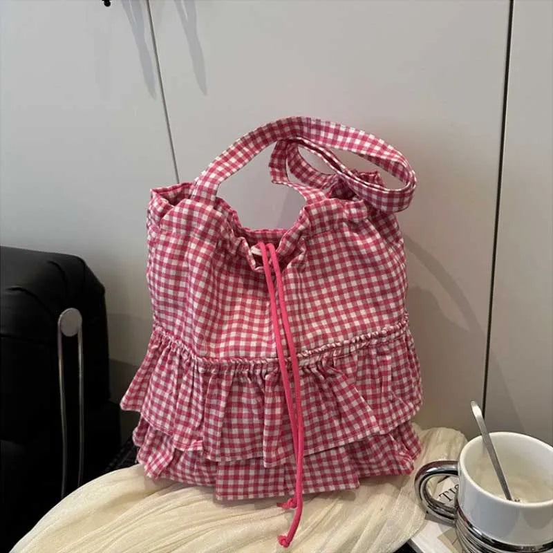 Cute Plaid Cotton Tote Bag Large Capaci Lace Trim Women's Summer 2026 Simple Lady Handbag Soft Shoulder Bags Bolsa Feminina