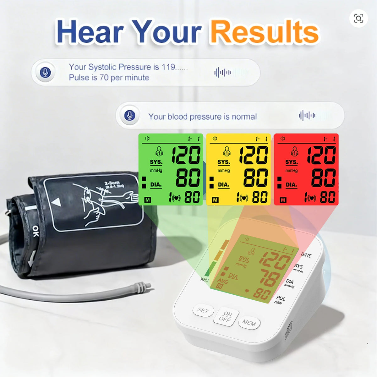 3 Color Backlight Blood Pressure Monitor Upper Arm Pressure Device Automatic BP 36cm Cuff Machine for Medical Home Health Care