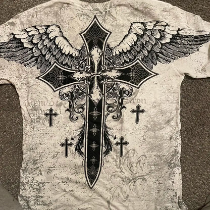 imited Stock Men's Harvester Skull T-Shirt Gothic Wings Cross Print  Vintage Streetwear Soft Breathable FabricL