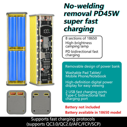 8×18650 battery case, DIY battery storage box with PD 45W super-fast charging, solder-free power bank casing, with outdoor light