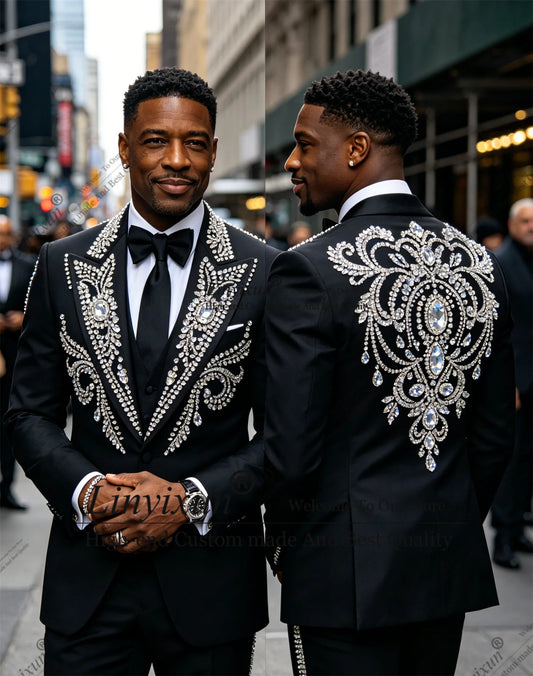 Handsome Rhinestone Diamond Wedding Suits For Men 2 Pieces Groom Male Blazers Customized Slim Fit men's suits and separates