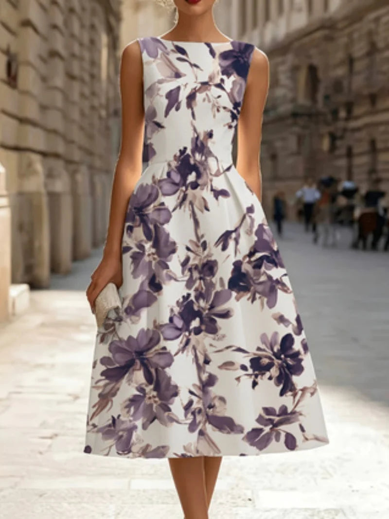 Floral Short-Sleeve Dress Round Neck Fitted Waist A-Line Mid-Length European Style French Charm Women's Casual Dresses