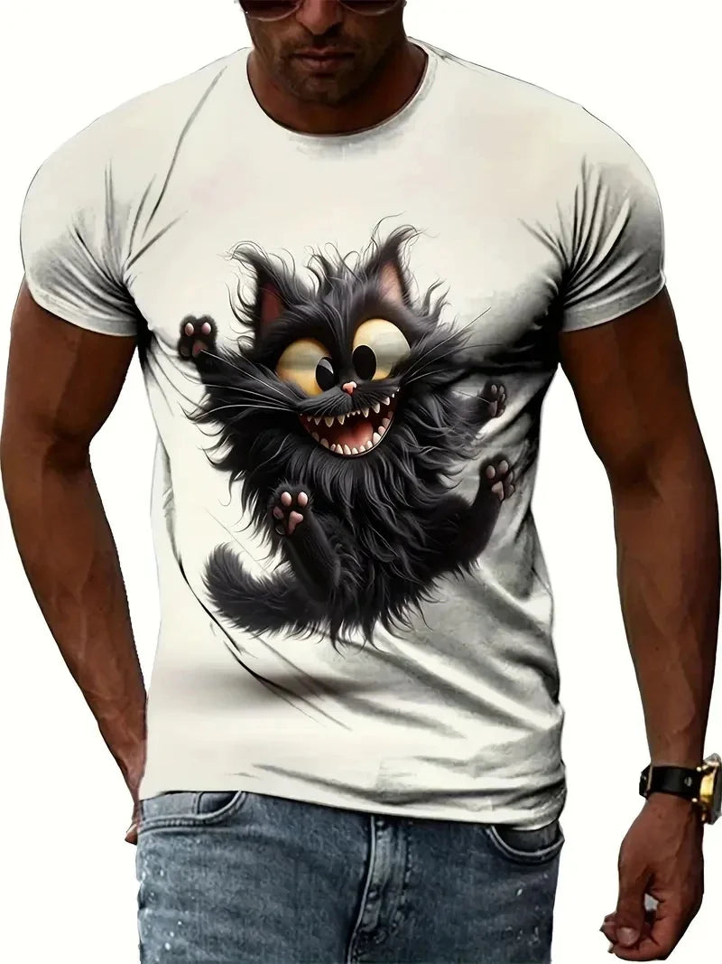 Men T-shirt Outdoor Street Cute Short-sleeved Boy Clothing Summer Top Fun Animal Cat 3D Printed Sports Quick-drying Breathable