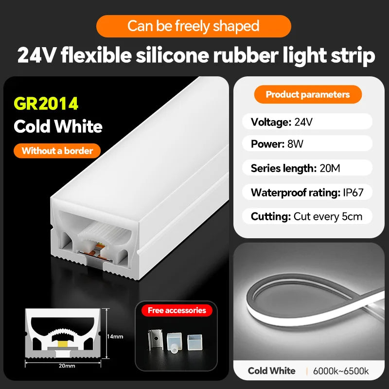 LED flexible silicone light strip embedded 24V waterproof tubing linear lamp concealed installation flexible soft light strip