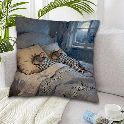 Cute Sleeping Mice Pillowcase, Plaid Pajamas Rat Cushion Cover, Funny Animal Art Decor for Living Room Sofa