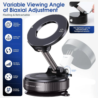 Upgraded Foldable Magnetic Car Phone Holder – N52 Magnet, 360° Rotatable, Dashboard Suction Cup, ABS, with Wrench & Mount Pad