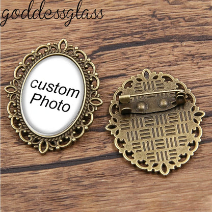 Personalize Custom Retro Oval Brooch Pin Photo Logo Silver plated/Bronze For Family Anniversary Collar 18x25mm Oval  safety Pins