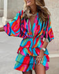 Women's Sport Dress V-Neck Loose Batwing Sleeve Elastic Waist Printed Dress Mini Casual Ruffle Hem Dresses