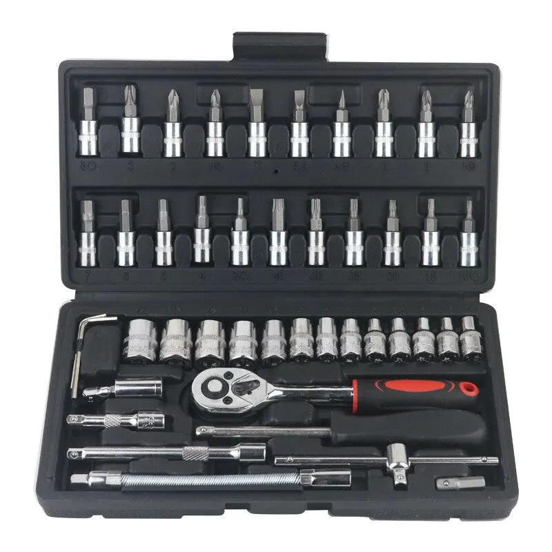 46pcs Drive Ratchet Torque Wrench Combo Auto Repairing Set Mechanic Tool Car Repair Tool Kit 1/4-Inch Socket Set Car Repair Tool