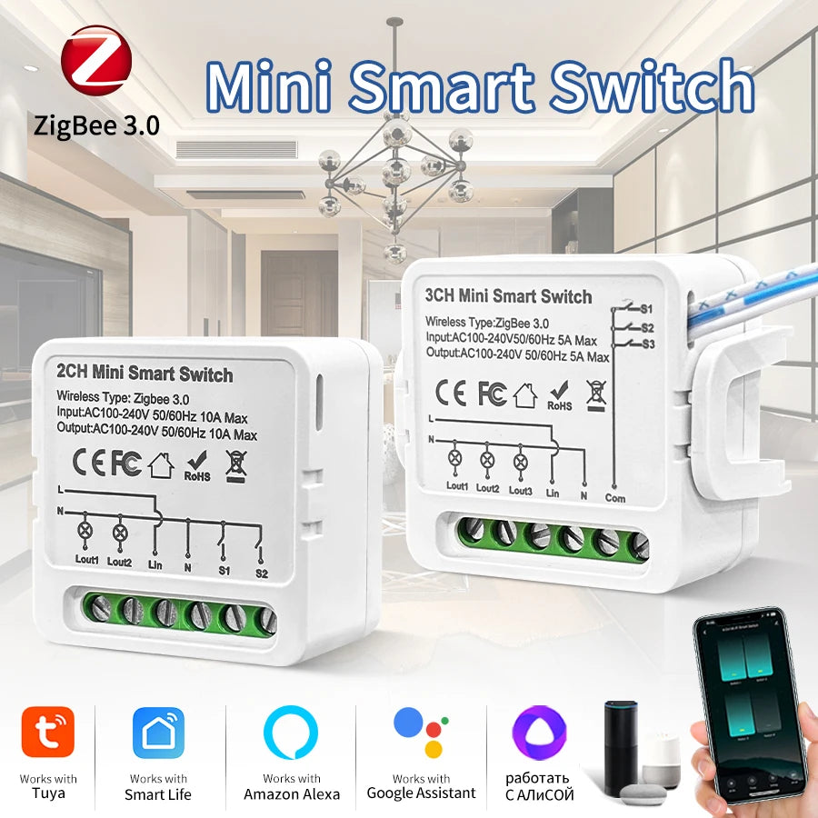 1/2/3 Gang Tuya Smart Light Switch Module Zigbee 3.0 Smart Life for Alexa Google Home Yandex DIY Remote Breaker Delay 100-240V