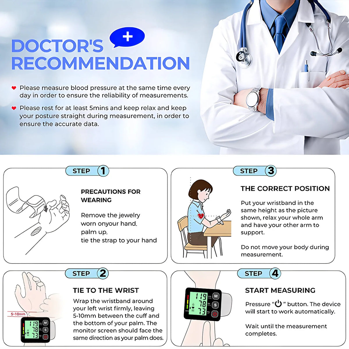 Digital Wrist Blood Pressure Monitor Smart Sphygmomanometer Tonometer Cuff Tensiometer Heart Rate Pulse Meter for Health Care