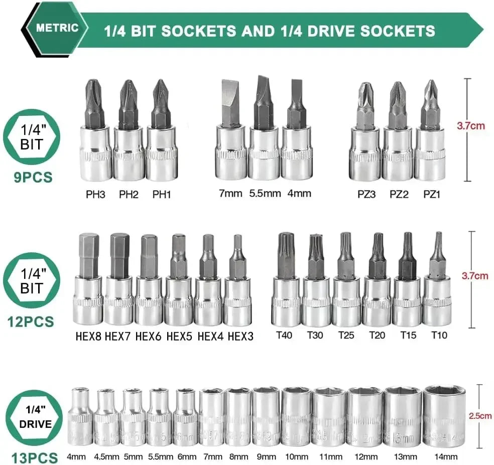 Krachtige 46pcs/set Carbon Steel Combination Set 1/4" Wrench Socket Spanner Screwdriver Household Motorcycle Car Repair Tool