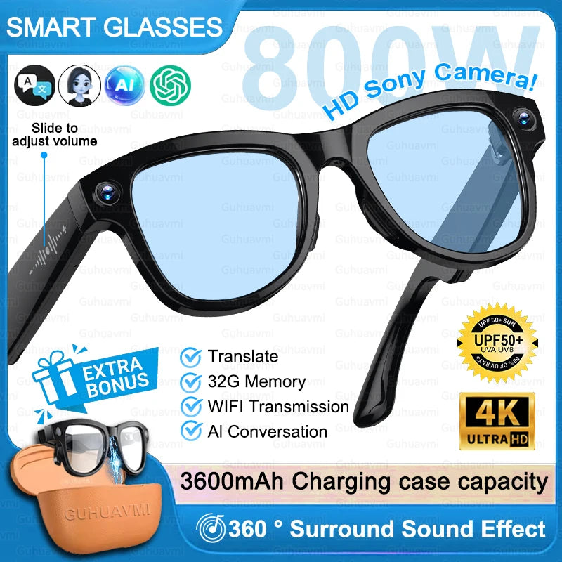 Next-Gen AI Smart Glasses 4K HD Video Recording 120+ Languages Translation 3600mAh Charging Case Bluetooth Call Music Sunglasses