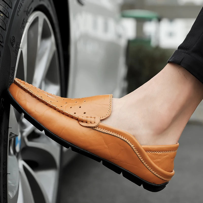 Men's Driving Shoes Large Size Loafers Hollow out Casual Bean Bean Shoes Leather Slip-On Footwear for Men