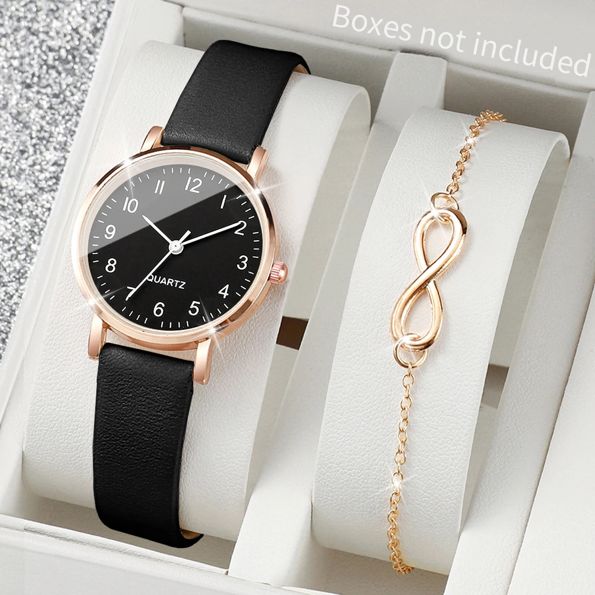 2PCS/Set Women's Watch Fashion Small Arabic Dial Quartz Watches Casual Leather Band Wristwatches Bracelet Set（Without Box）