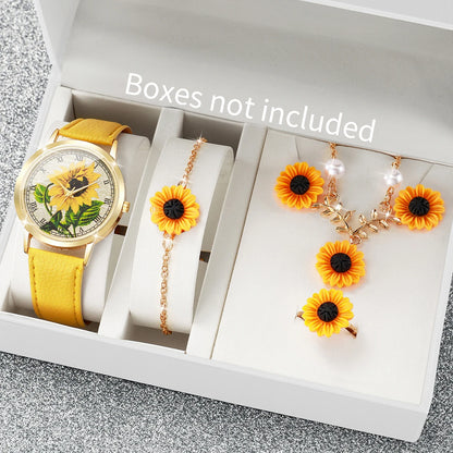 6PCS/Set Fashion Flower Dial Women Watches Leather Strap Quartz Watch Daisy Jewelry Set Reloj Mujer (Without Box)