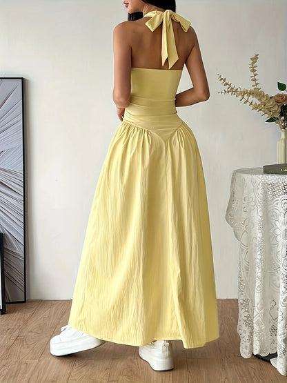 2026Women Yellow Halter Neck Maxi Dress Sleeveless V-Neck Backless A-Line Long Dress Casual Summer Elegant Beach Party Dresses