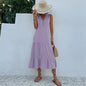 Casual Summer Midi Dress Women Sleeveless Tank V Neck Buttons Ruffle Loose Dresses Beach Soild Sundress Fashion