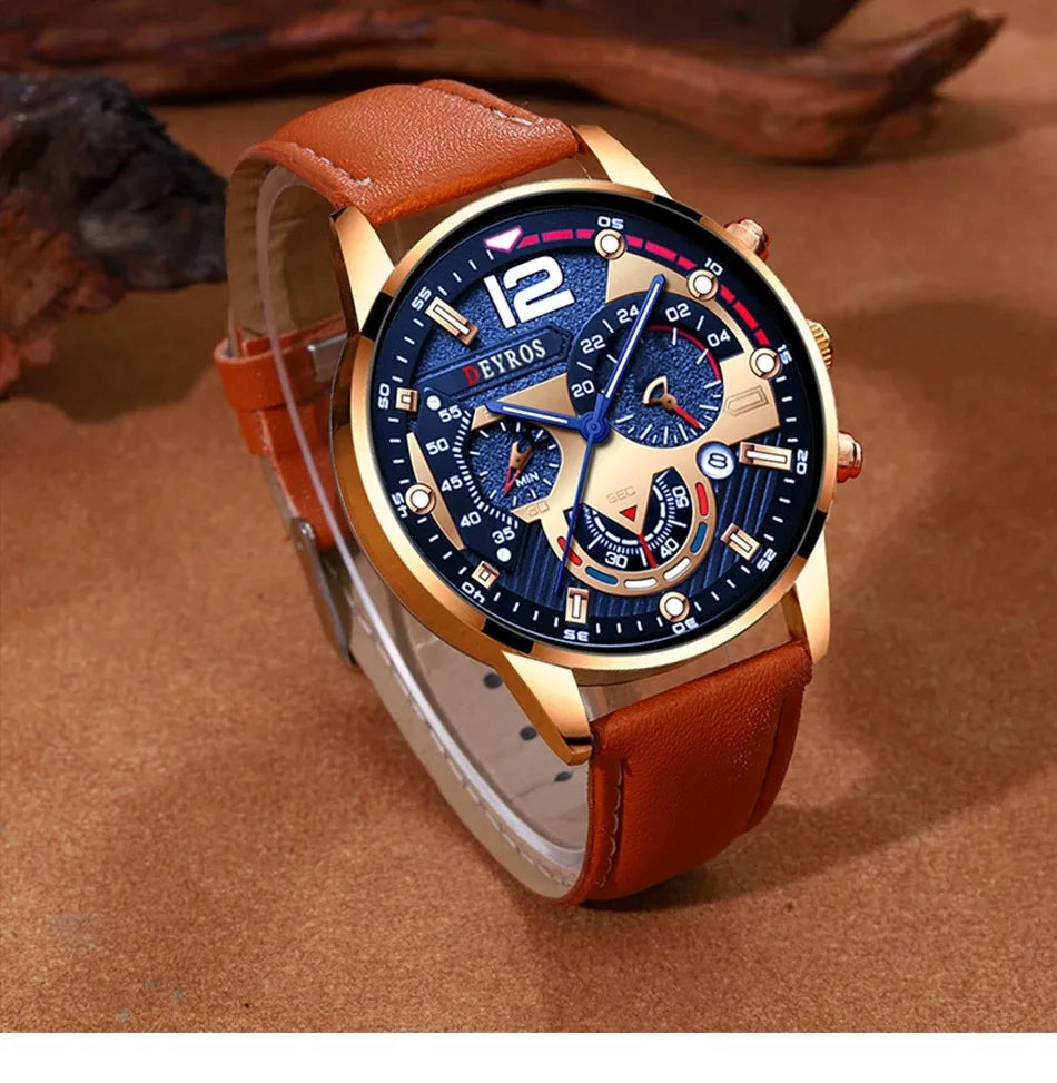 2PCS Set Luxury Brown Mens Quartz Watches Fashion Male Business Casual Wristwatch with Bracelet