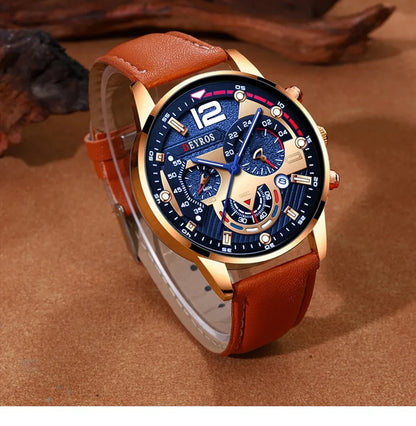 2PCS Set Luxury Brown Mens Quartz Watches Fashion Male Business Casual Wristwatch with Bracelet