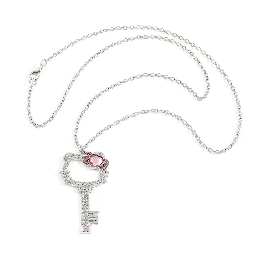 Kitty Cat Necklace Anime Pink Peach Heart Crystal Cat Key Pendant Jewelry Gift for Fans