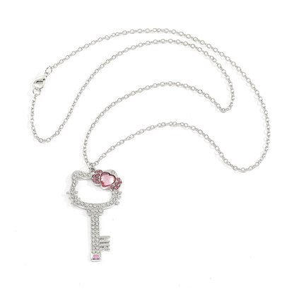 Kitty Cat Necklace Anime Pink Peach Heart Crystal Cat Key Pendant Jewelry Gift for Fans