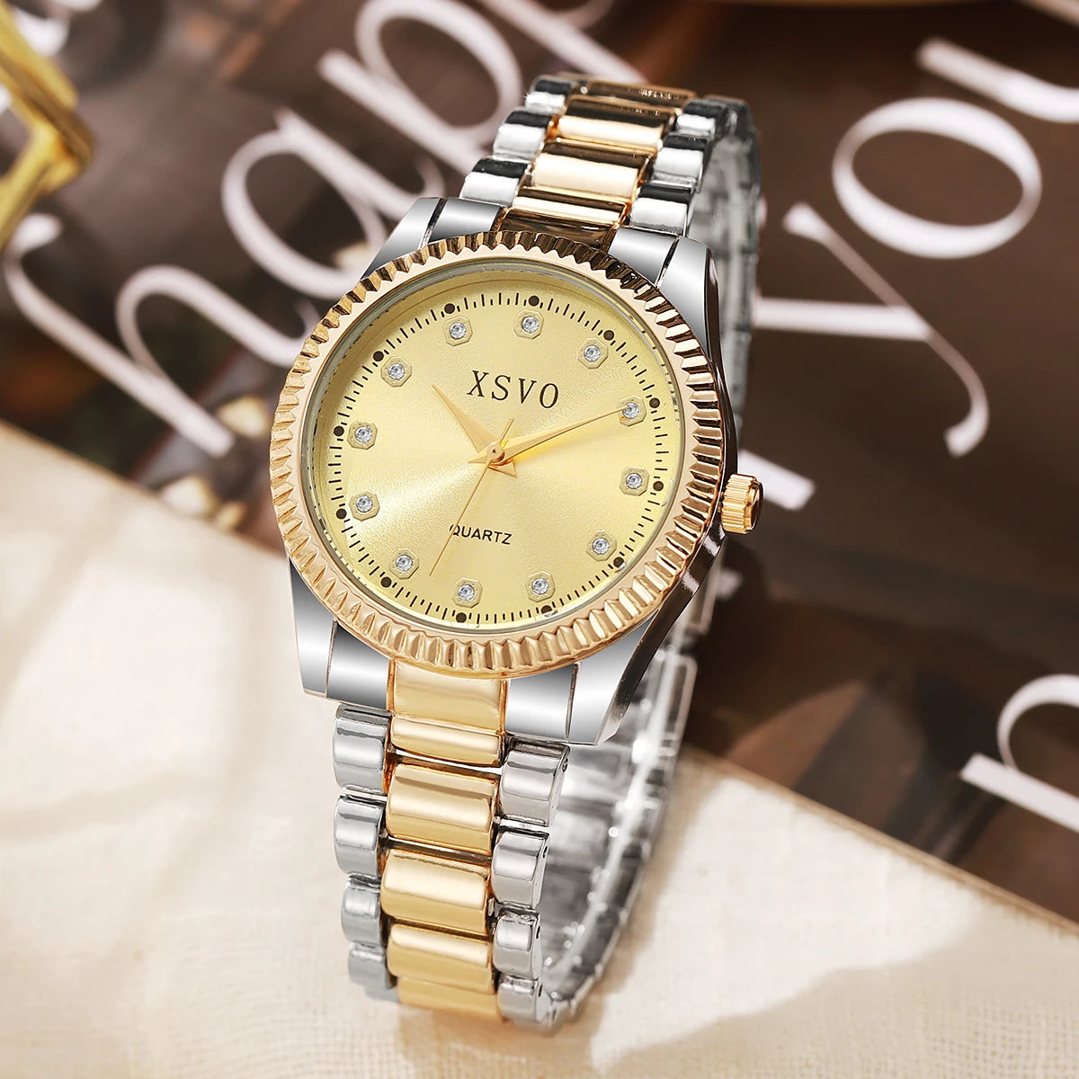 Fashion Trend Round Dial Alloy Material Women's Quartz Watch Jewelry 4 Piece Set, Suitable for Christmas and Thanksgiving Gifts