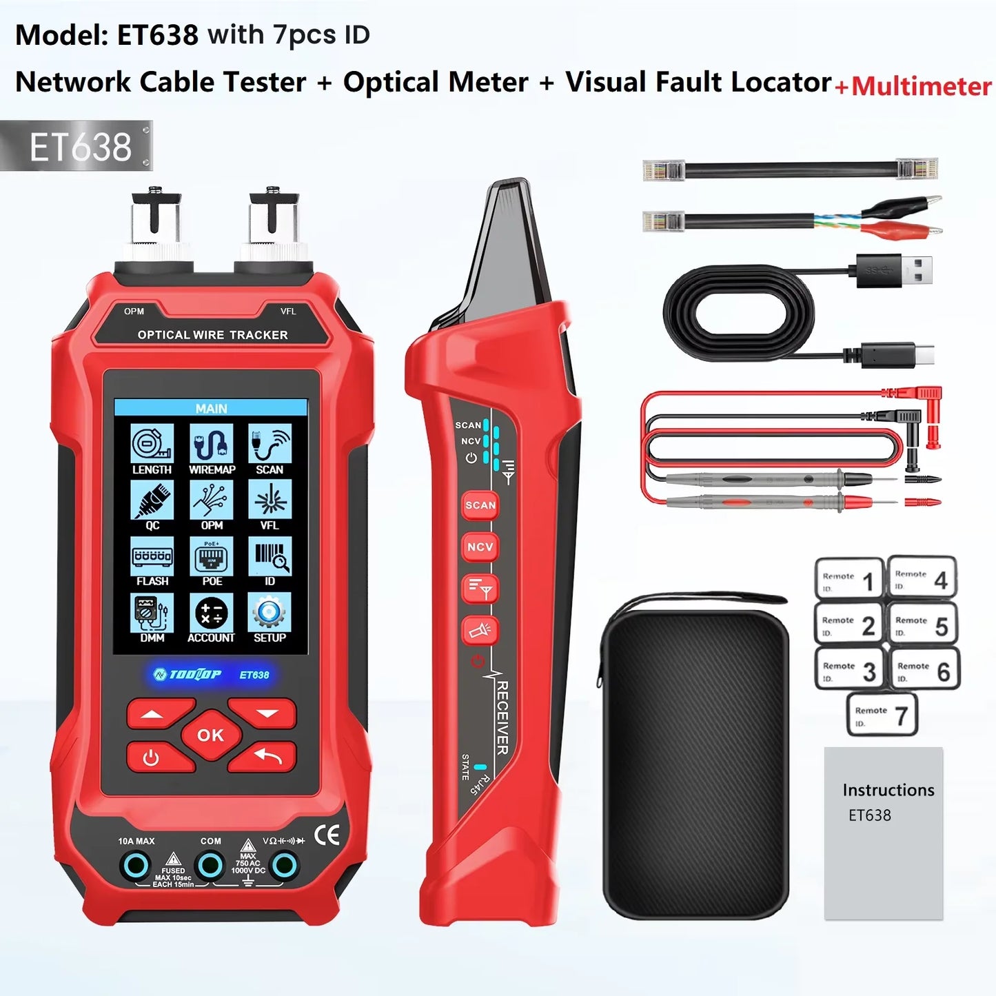 TOOLTOP Network Cable Tester 4 in 1 Multi-function Fiber Optical Power Meter Visual Fault Locator noise-free LAN Line Tracking