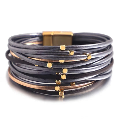 ALLYES Charm Triple Color Leather Bracelet for Women Bohemian Metal Beads Multilayer Thin Strip Wrap Bracelets Fashion Jewelry