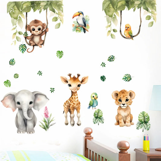 Funny Animals Party Wall Sticker For Kids Bedroom Decoration Forest Safari Monkey Elephant Mural Art Diy Home Decals Pvc Posters