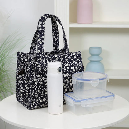 New floral print thickened fabric handbag, lunch bag, portable lunch box storage bag, zipper design, multifunctional tote