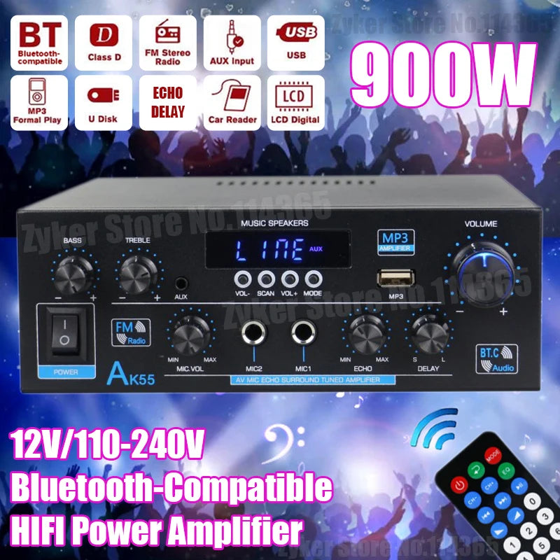 AK55/AK45/AK35 Bluetooth Digital Amplifiers 2 Channel HiFi Stereo Sound Amplifier for Home Car Karaoke FM USB AMP Remote Control