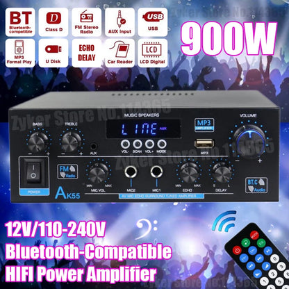 AK55/AK45/AK35 Bluetooth Digital Amplifiers 2 Channel HiFi Stereo Sound Amplifier for Home Car Karaoke FM USB AMP Remote Control