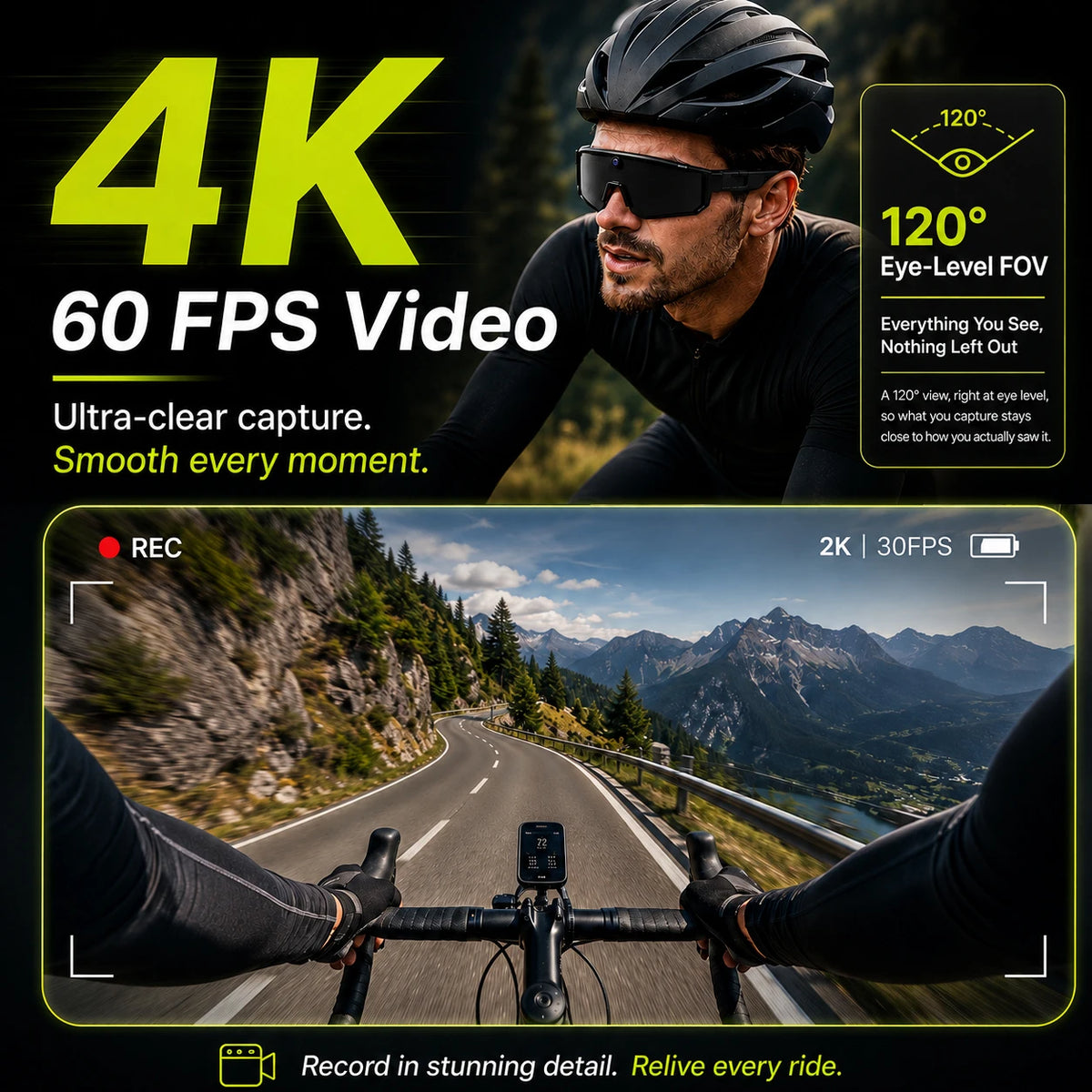 Smart POV Camera Glasses 8MP HD 4K60FPS POV Video Anti-Shake Open-Ear Audio Voice Assistant Running Cycling Sunglasses Men Women