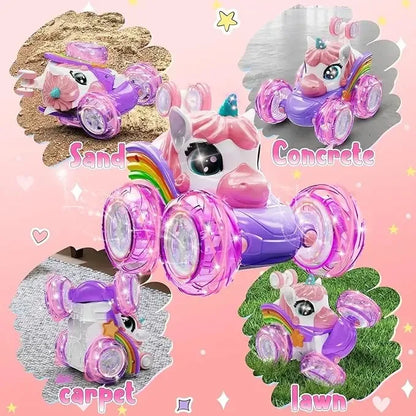 Unicorn Remote Control Car for Girls, 360° Rotating 4WD Stunt RC Cars with Cute Lights, Rechargeable Toys-Kid for Birthday Gifts