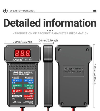 ANENG BT-171 12V Samochodowy tester akumulatora Sygnał dźwiękowy Zabezpieczenie przed odwrotnym podłączeniem Samochodowe narzędzie do testowania jakości akumulatora