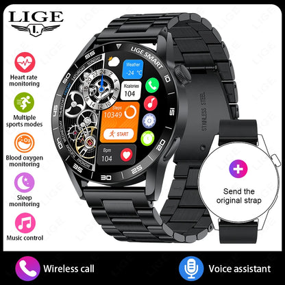 LIGE Full Touch Smartwatch Outdoor Military Smart Watch 1.38" HD Screen Bluetooth Call IP68 Waterproof Sport Fitness Watches Men