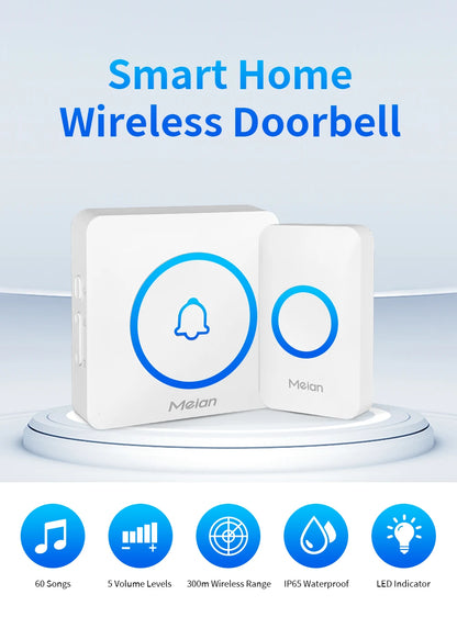 Meian Smart Home Doorbell Wireless Security Doorbell IP65 Waterproof Outdoor Door Bell 60 Songs 5 Volume Adjustable Chime Kit