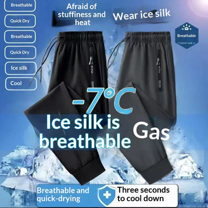 Men's Ice Silk Quick Dry Pants Lightweight Breathable Casual Trousers Elastic Waist Drawstring Sports Pants with Zipper Pockets