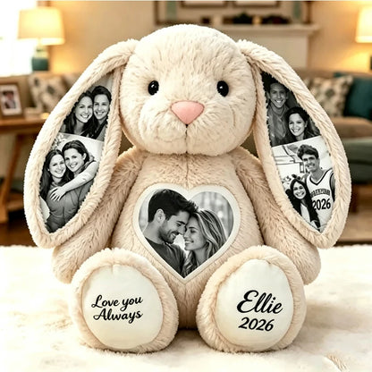 Custom Heart Photo Bunny Plush – Personalized Hidden Ear Picture Bunny Custom Text Anniversary Gift for Couples Sweethearts