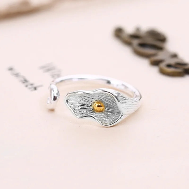 PANJBJ 925 Sterling Silver Lotus Ring For Women Retro TextureJewelry Irregular Creativity Adjustable Jewelry Party Gift Dropship