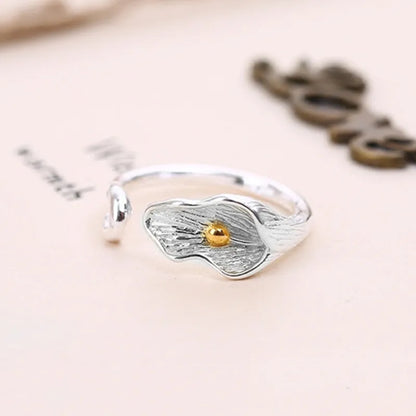PANJBJ 925 Sterling Silver Lotus Ring For Women Retro TextureJewelry Irregular Creativity Adjustable Jewelry Party Gift Dropship