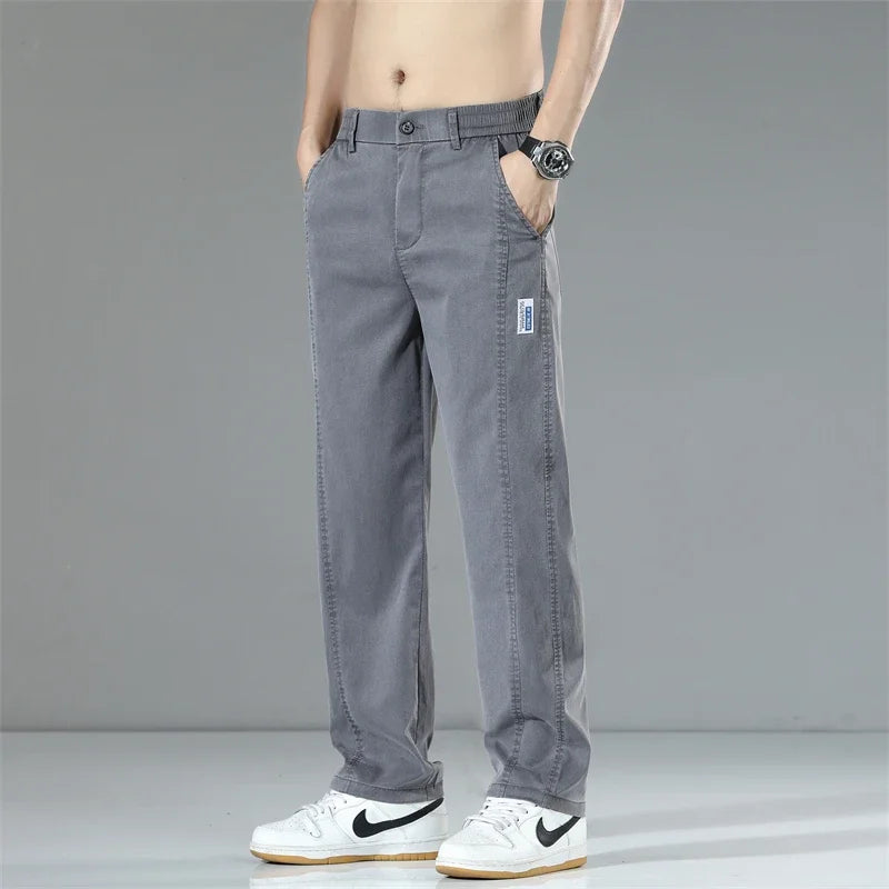 Summer Thin Men's Loose Straight Jeans Lyocell Soft Drape Business Casual Trousers Classic Smoke Gray Brand Ice Silk Denim Pants