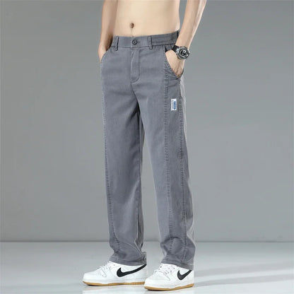 Summer Thin Men's Loose Straight Jeans Lyocell Soft Drape Business Casual Trousers Classic Smoke Gray Brand Ice Silk Denim Pants