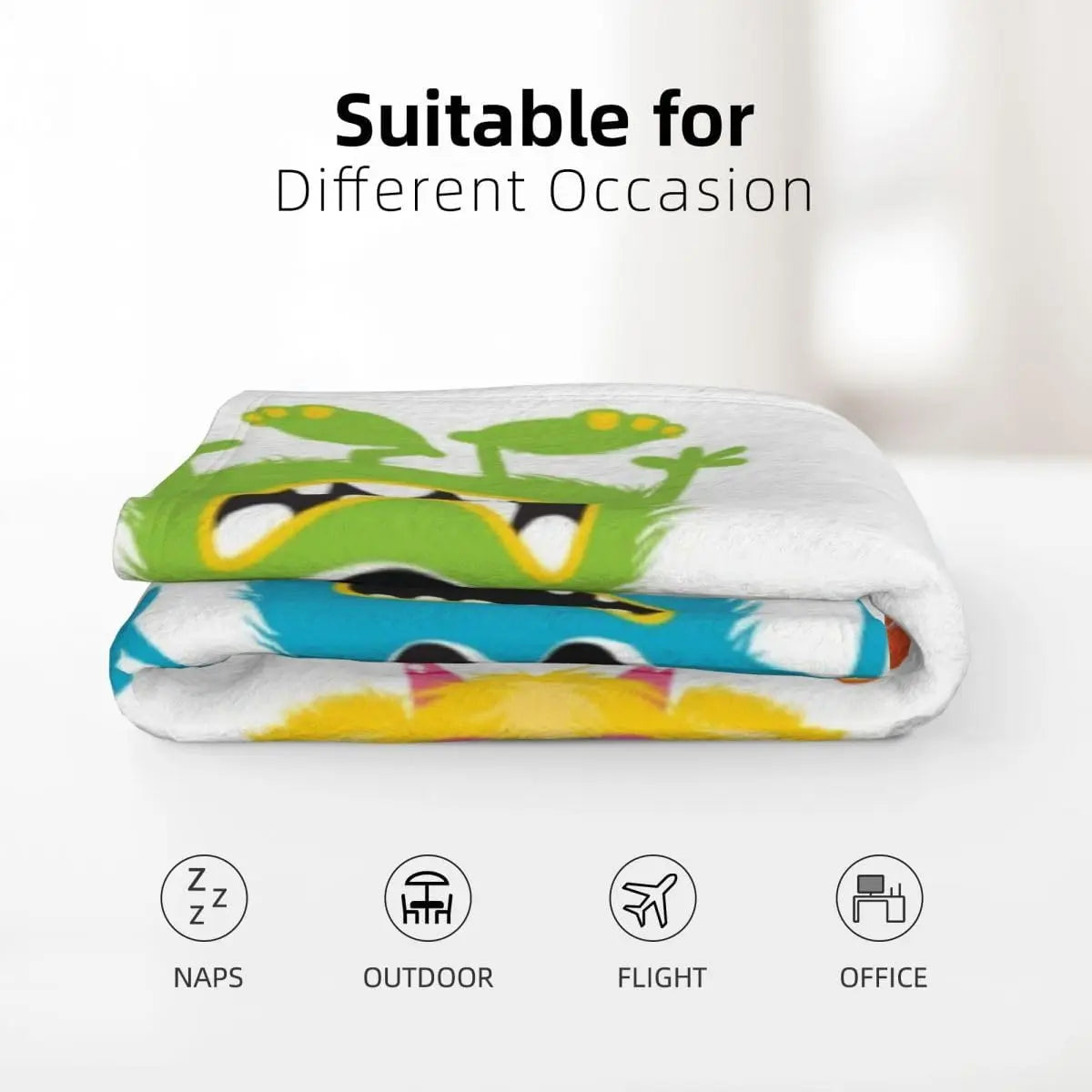Colorful Cute Cartoon Furry Monster Repeating Print White Base Flannel Throw Blanket,Soft Warm Sofa Cover,Kids Bedroom Rest Gift