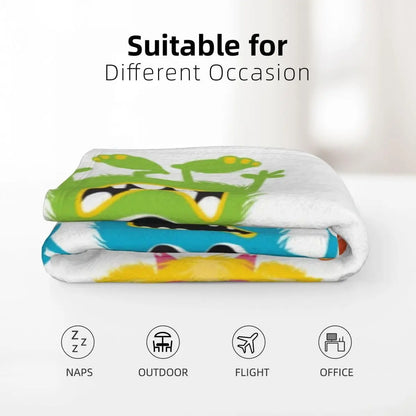 Colorful Cute Cartoon Furry Monster Repeating Print White Base Flannel Throw Blanket,Soft Warm Sofa Cover,Kids Bedroom Rest Gift