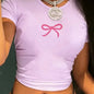 Women's Vintage Crop Tops with Pink Artistic Bow Print Graphic T-Shirt Simple Elegant Design Print Cropped T Shirt Sexy Tshirt