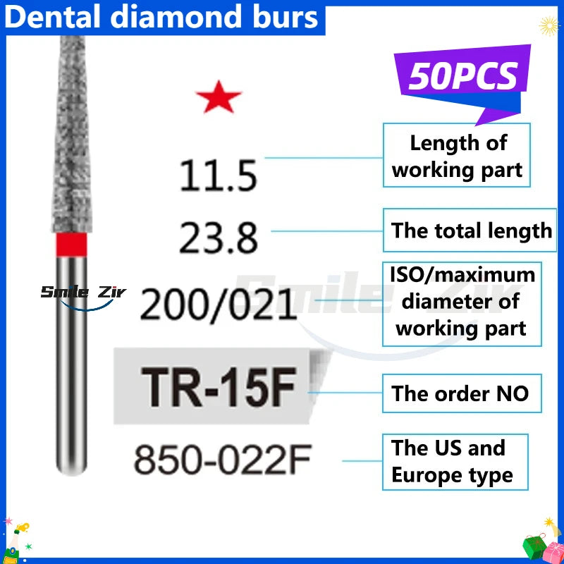 50Pcs Dental Dentist Diamond Burs Drill FG 1.6mm Bur for High Speed Handpiece FG Dental Bur Stomatology Dentistry Grinding Tools